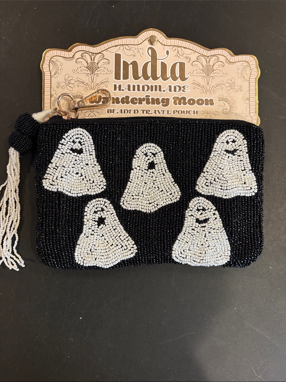 Handmade Beaded Ghost Pouch - Black & White